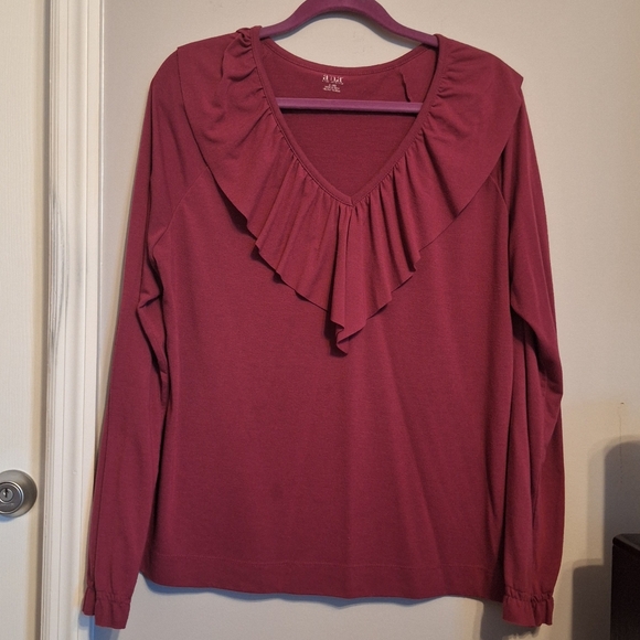 a.n.a Tops - Women's Ruffled V-Neck Top - Burgundy